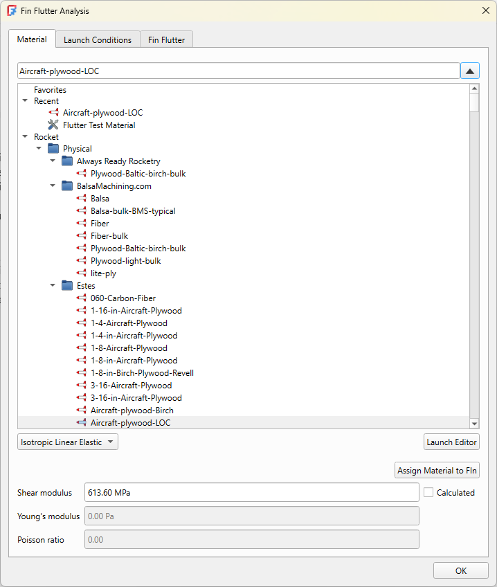 Fin flutter analysis dialog material tab showing the shear modulus value for the selected material
