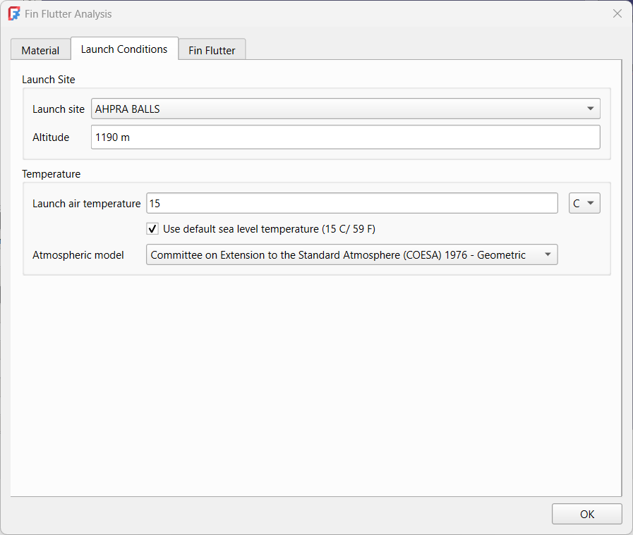 Launch conditions tab allowing you to set the altitude of the launch site using a drop down list, or by setting it manually.

The launch site temperature can be entered, or you can use the default sea level temperature of 15 C/59 F