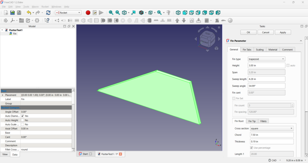 Screenshot of the FreeCAD Rocket Workbench showing the fin design