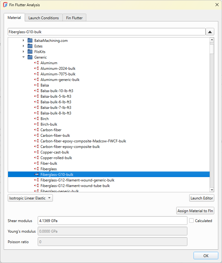 Material tab showing the selection of the Fiberglass-G10-bulk material